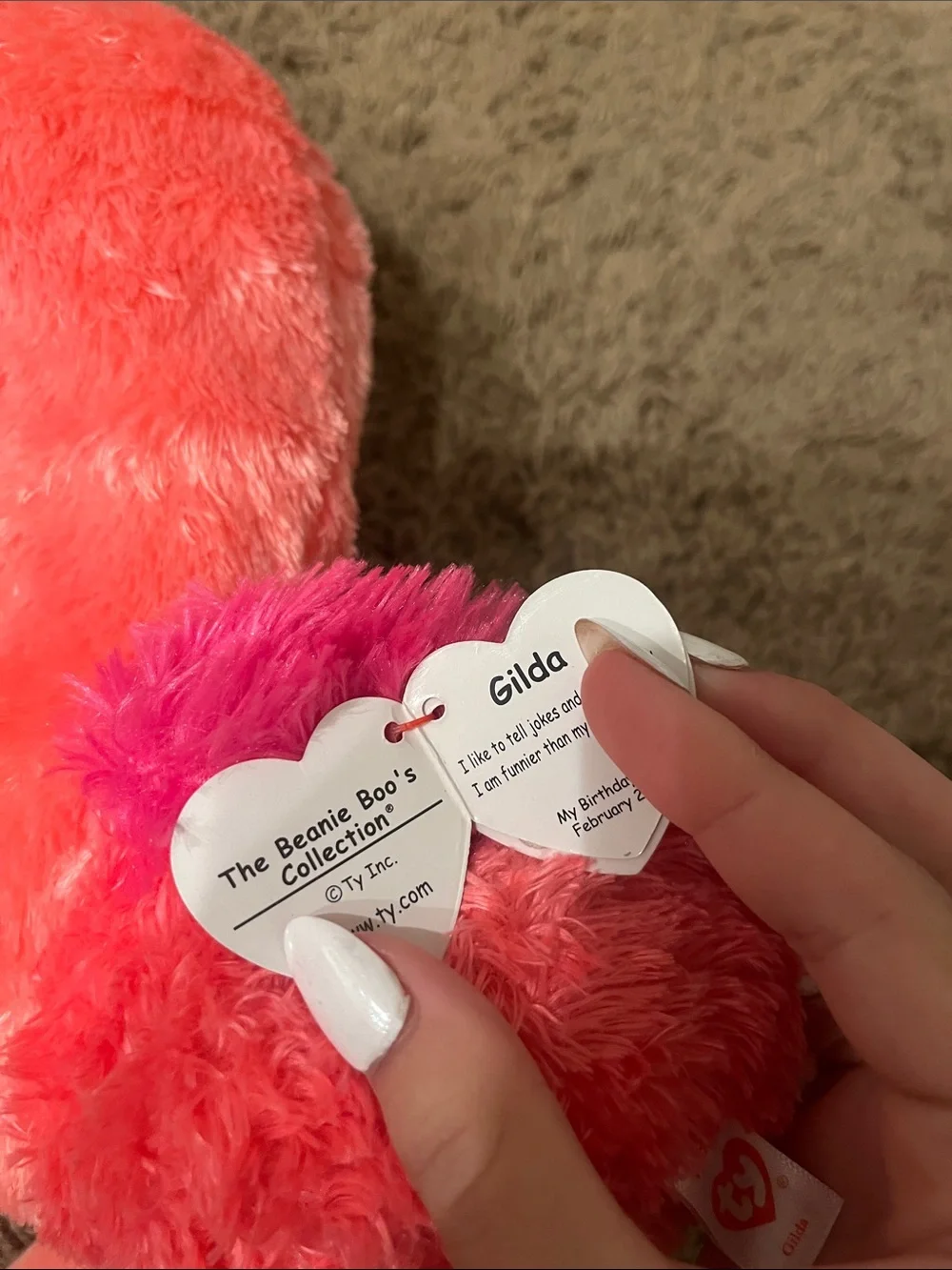 Ty Coral-Pink Flamingo Plush with Gold Beak and Blue Eyes